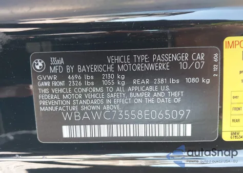 2008 BMW 335Xi from USA, damaged, VIN WBAWC73558E065097